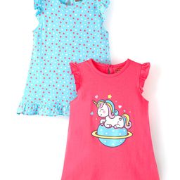 Babyhug Cotton Knit Half Sleeves Nighty Heart & Unicorn Print Pack of 2 - Dark Pink & Blue-image-64