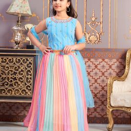 Aarika Georgette Sleeveless Leaves Printed Hand Embroidered Lehenga Choli With Dupatta Set - Firozi Blue-image-90
