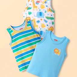 Babyhug 100% Cotton Antibacterial Sando With Stripes & Animal Print Pack Of 3 - Light Blue Yellow & Turquoise-image-8