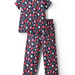 Kookie Kids Single Jersey Knit Half Sleeves Co-Ord Night Suit With Fruit Print - Navy Blue-image-97