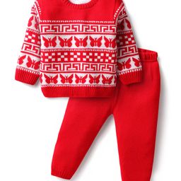 Babyhug Knit Full Sleeves Sweater Set With Butterfly Design - Red & White-image-2