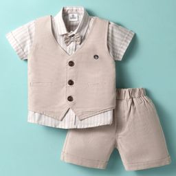 Mini Taurus Textile Knit Half Sleeves Striped 3 Piece Party Suit With Bow Applique - Peach-image-8