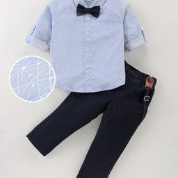 Mark & Mia Full Sleeves Geometric Printed Shirt & Trouser Set with Bow & Suspender - Light Blue & Navy-image-69