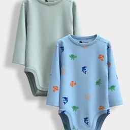 Orange Sugar 100% Cotton Knit Pack Of 2 Full Sleeves Solid & Sea Life Theme Printed Onesies - Sky Blue & Light Green-picture-31