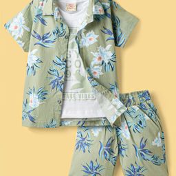 Rikidoos Half Sleeves Floral Printed Shirt & Coordinating Shorts With Inner Tee Set - Pista & White-image-5
