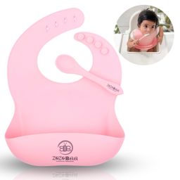 ZoZoBaa Silicone Baby Bib with Easy Grip Spoon For Feeding Toddlers|Waterproof & Reusable Bib with button for Infants |Soft, Light Weight, BPA Free, 1 Set, Pink-49