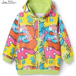 Arias Cotton Terry Knit Full Sleeves Front Open Hooded Sweatjacket With Abstract Print - Neon Green-17