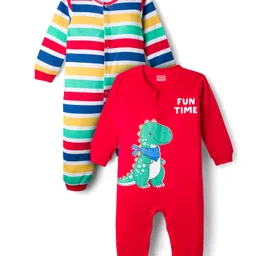 Babyhug 100% Cotton Interlock Knit Full Sleeves Romper with Stripe & Dino Print Pack of 2 - Red White Blue-picture-39