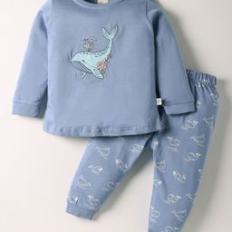 CUCUMBER Sinker Knit Full Sleeves Whale Embroidered Night Suit - Blue-picture-36