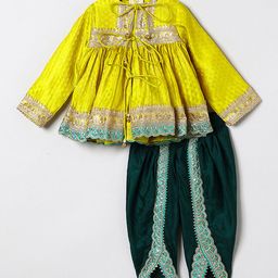 BYB Premium Silk Woven Full Sleeves Leaves Foil Printed Gota Lace Embellished Top & Dhoti Set - Lime Yellow-image-10
