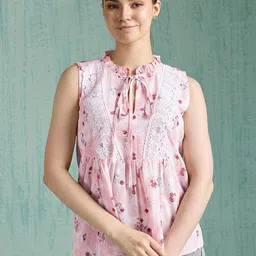 HOUSE OF MIRA Women Floral Printed Tie-Up Neck Peplum Top-picture-0