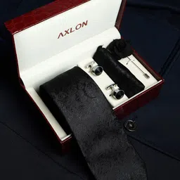 Axlon Black Floral Tie, Cufflinks, Flower Pin & Pocket Square Accessory Gift Set-image-85