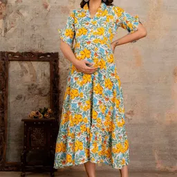 Henal Women V-Neck Floral Print Maternity Cotton Fit and Flare Midi Dress-picture-6