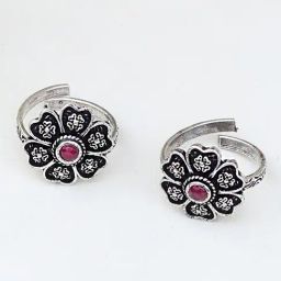 Teejh Ethnic Ruhi Pink Stone Silver Oxidized Toe Rings for Women-image-77