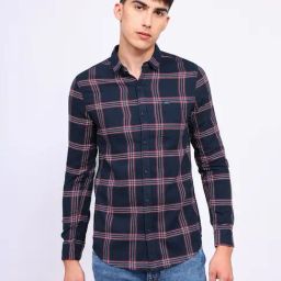 Lee Navy Cotton Slim Fit Checks Shirt-image-39