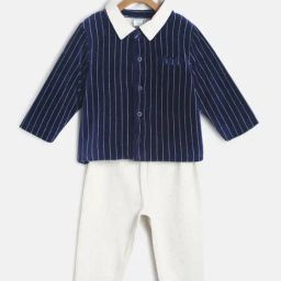 MINIKLUB Kids Navy & White Striped Full Sleeves Shirt with Pants-image-46