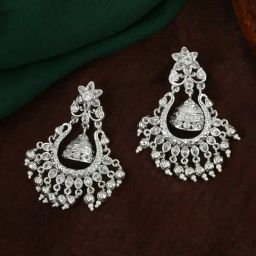 Estele Rhodium-Plated CZ Floral Design Dangler Earrings-20
