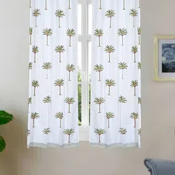 LIVING ROOTS White & Green 2 Pieces Tropical Printed Cotton Window Curtains-36