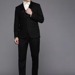 Louis Philippe Men Navy Black Self-Design Slim-Fit Single-Breasted Three-Piece Formal Suit-image-26