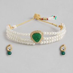 Anouk White Beaded Kundan Pendent Necklace Earring Set-12
