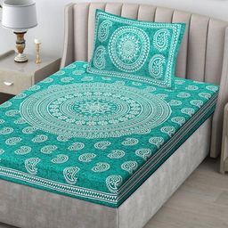 POORAK Teal & White Ethnic Motifs Pure Cotton 104 TC Single Bedsheet with 1 Pillow Cover-image-96