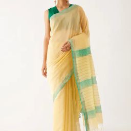 Taneira Light Yellow Striped Maheshwari Saree With Unstitched Blouse-image-31