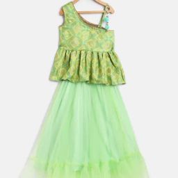 TWISHA Kids Green Self Design Top with Ghagra-image-99