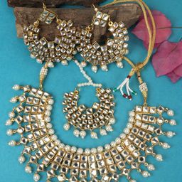 JEWELS GEHNA Gold-Plated White Kundan-Studded & Pearl Beaded Jadau Traditional Jewellery Set-image-35