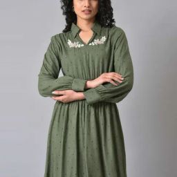 W Green Embroidered A-Line Dress-image-95