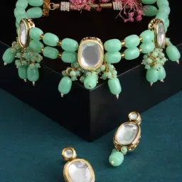 Zaveri Pearls Green Multistrand Beaded Kundan Choker Necklace & Earring Set-ZPFK13576-image-12