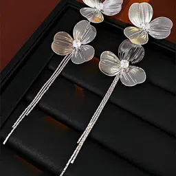 VAGHBHATT Triple Petal Floral Drop Earrings with Chain Tassels-image-7
