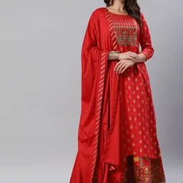 SheWill Women Red Ethnic Motifs Foil Printed Gotta Patti Kurta with Skirt & Dupatta-24