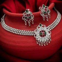 aadita Oxidised Silver-Plated Pink & Green Stone-Studded Beaded Jewellery Set-picture-22