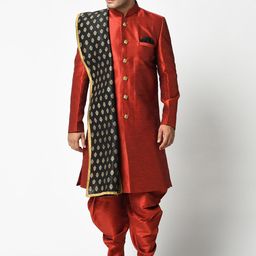 DEYANN Men Red Woven Design Dupion Silk Sherwani with Dhoti Pants & Dupatta-22