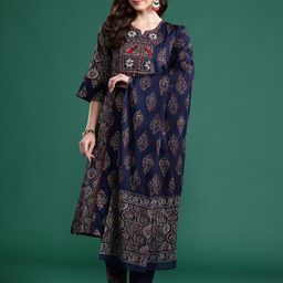 Indo Era Ethnic Motifs Printed Panelled Mirror Work Pure Cotton Kurta Set-12