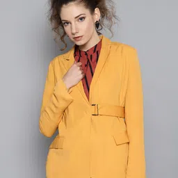 STREET 9 Women Mustard Yellow Solid Casual Blazer-picture-26