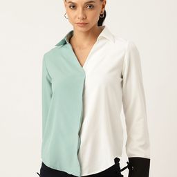 LABEL REGALIA Green & White Colourblocked Crepe Shirt Style Top-image-69