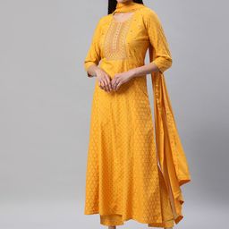 SheWill Women Yellow Ethnic Motifs Foil Printed Sequinned Anarkali Kurta with Trousers-picture-2