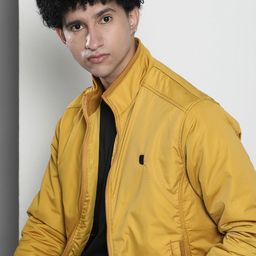 The Indian Garage Co Men Mustard Yellow Solid Bomber Jacket-image-11