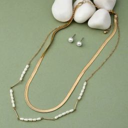 Zaveri Pearls Gold Tone Contemporary 2 Layers Pearl Necklace Chain With Earring-ZPFK10600-78