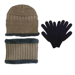 Gajraj Unisex Beige & Black Pack of 2 Beanie Caps & Warmer Scarf and Woolen Gloves Set-13