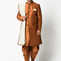 DEYANN Men Copper-Coloured Woven Design Dupion Silk Sherwani with Dhoti Pants & Dupatta-picture-51