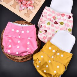 Moms Home Baby Reusable Poly Cotton Pocket Diapers With 3 Inserts Printed & Solid Pack of 3- Multicolor-17