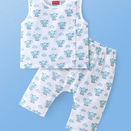 Babyhug Sleeveless Jhabla & Full Length Pajama Set With Elephant Print - Blue-17