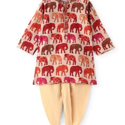 Babyhug 100% Cotton Woven Full Sleeves Elephant Printed  Kurta Dhoti  Set - Beige-19