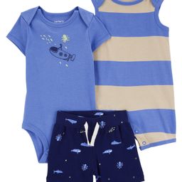Carter's Cotton Blend Half Sleeves Striped Onesies & Short Set Submarine Print - Blue-image-66