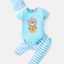 Babyhug 100% Cotton Knit Half Sleeves Onesie  with Diaper Pant & Cap Squirrel Print - Blue-image-37