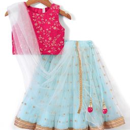 Babyhug Sleeveless Embroided Choli with Embroided Lehenga & Dupatta - Sky Blue-image-87