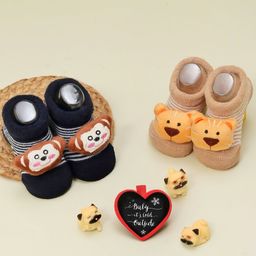 Yellow Bee Pack Of 2 Tiger & Monkey Applique Detailed Socks - Brown & Blue-picture-21