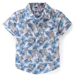 Babyhug Cotton Woven Half Sleeves Regular Collar Elephant Printed Shirt - White & Blue-image-58